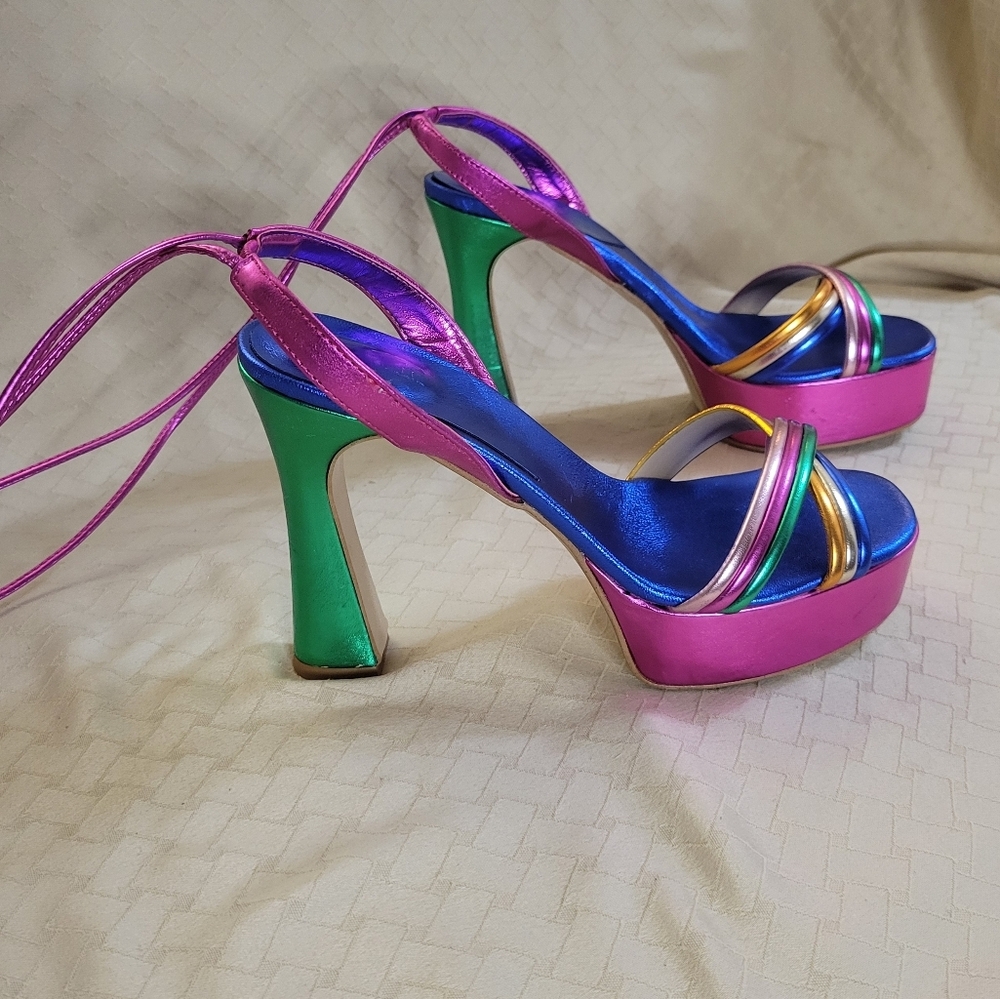 Metallic Multi-Color Platform Heels - Women's Strappy Sandals